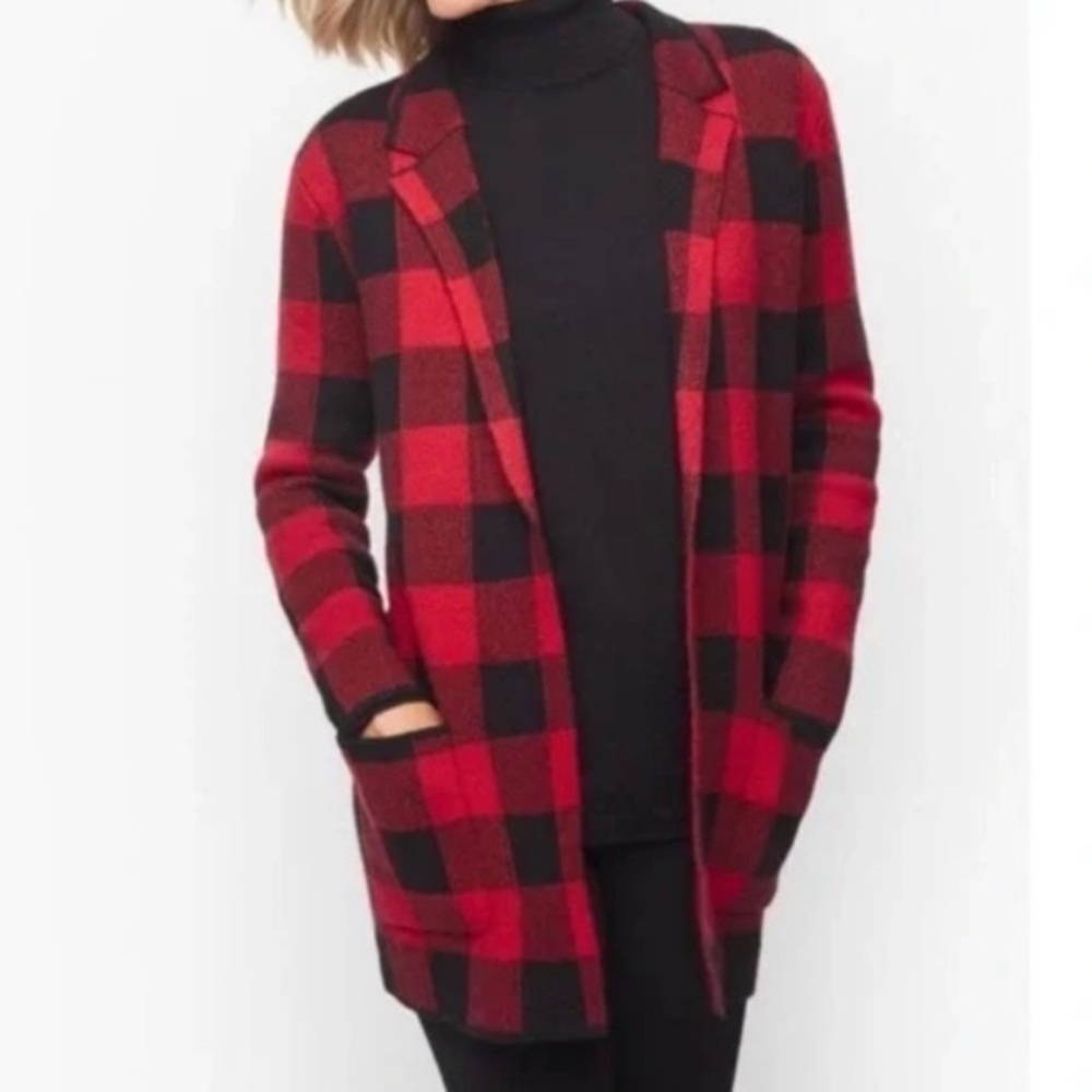 Talbots notch collar sweater jacket cardigan Buffalo plaid check XL